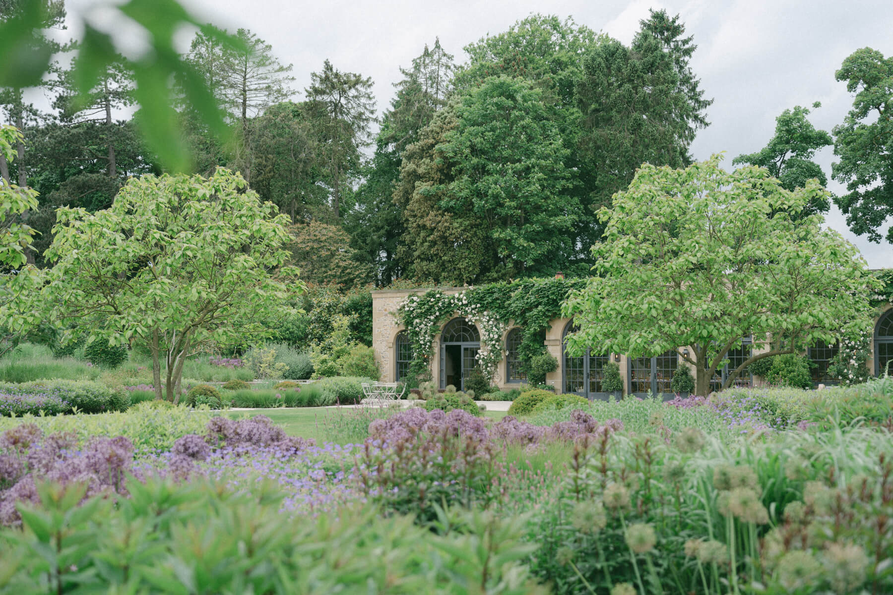 The Fig House at Middleton Lodge in the summer with the garden in full bloom